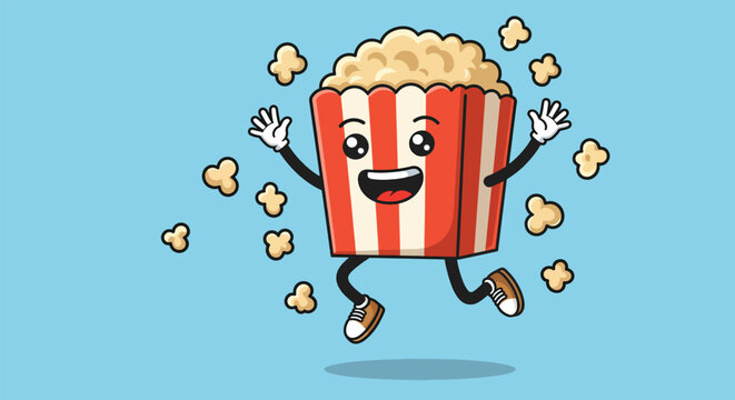 A happy anthropomorphic popcorn box character jumping with joy surrounded by scattered popcorn kernels.
