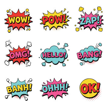 Collection of Nine Comic Book Style Speech Bubbles with Onomatopoeia and Exclamations.