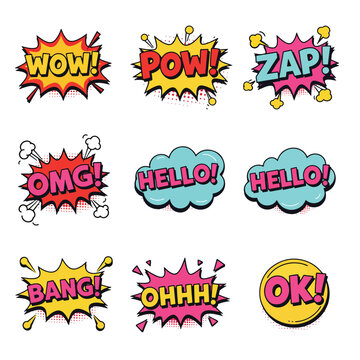 Collection of nine vibrant comic book style speech bubbles with various exclamations and greetings.