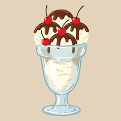 Delicious Vanilla Ice Cream Sundae with Chocolate Drizzle and Cherries