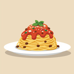 Deliciously Stacked Spaghetti with Rich Tomato Sauce and Fresh Basil Garnish.