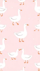 A charming pattern of white cartoon geese on a light pink backdrop