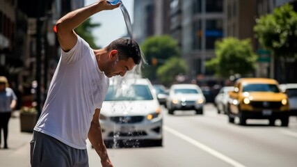 A man pouring water over his head from a bottle on a city street as a relief from heat, showcasing summer refreshment footage.