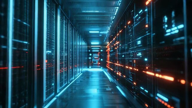 Data center corridor with glowing server racks and network activity