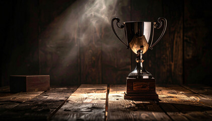 Elegant trophy resting on a rustic wooden table cinematic background