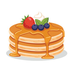 Stack of golden pancakes drizzled with syrup and topped with fresh berries and cream.