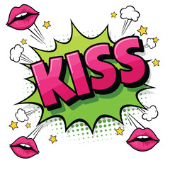 Vibrant Comic Book Style KISS Speech Bubble with Lips and Stars.