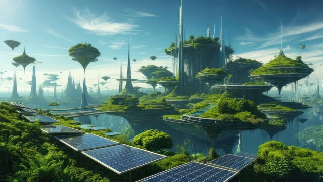 Futuristic Eco-City with Floating Islands and Solar Panels.