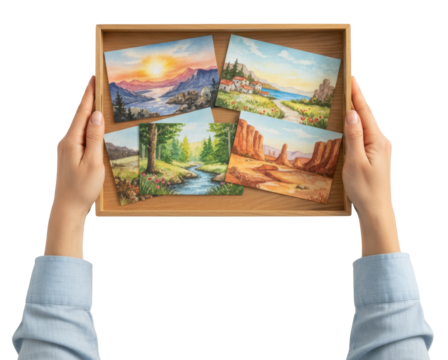 hands holding a wooden tray of watercolor landscape postcards