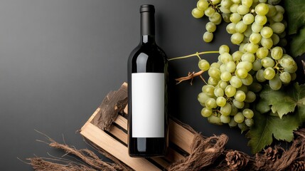 Wine Bottle with Blank Label and Green Grapes on Dark Background, Rustic Wooden Crate and Twigs, Wine Product Photography