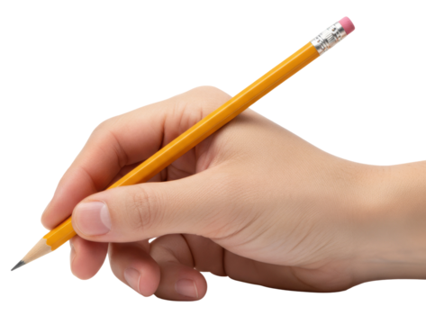 a hand holds a yellow number two pencil ready for writing or drawing