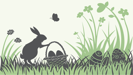 Easter Bunny Silhouette Hiding Eggs in Green Spring Grass with Flowers and Butterfly. Festive Holiday Design for Kids' Events, Web, Print.