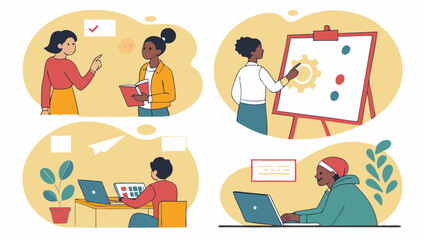 Diverse Business Team Collaborating, Planning Strategy, Presenting Ideas, and Working Remotely. Professionals Engaged in Digital Project Management.