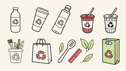 Recycling Reusable Bottles Cups Bags Cutlery for Sustainable Eco Friendly Green Living Environmental Protection Icons