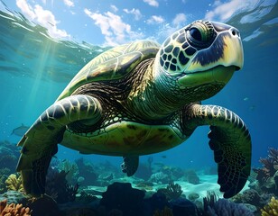 Fototapeta premium An underwater view showcases a vibrant sea turtle gracefully swimming, coral reef in the background, a blue ocean, sun rays, and a bright sky