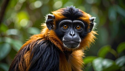 Obraz premium A close-up portrait of a small primate with striking orange and black fur, set against a blurred green forest backdrop