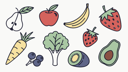 Colorful Hand Drawn Fresh Fruits and Vegetables for Healthy Eating Wellness and Nutrition Websites Apps and Marketing Materials