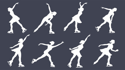 Graceful Figure Skating Silhouettes Set Female Ice Skaters in Dynamic Poses Vector Graphics for Winter Sports Marketing and Event Promotion