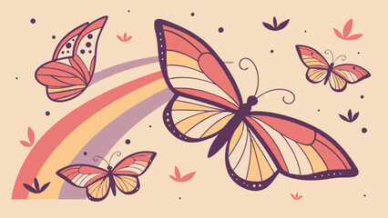 Colorful Retro Butterflies Flying with Pastel Rainbow Illustration for Spring Summer Web Design, Kids Books, Nature Themes and Creative Projects