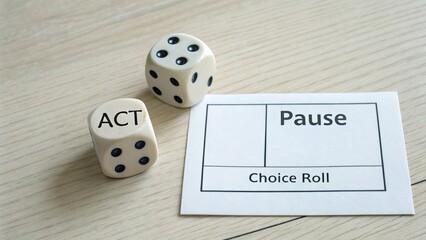 Dice with Act Label and Pause Card on Wooden Table Surface