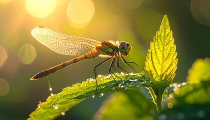 A close-up view of a dragonfly perched on a vibrant green leaf, illuminated by soft sunlight. Dewdrops add texture, and the background glows warmly