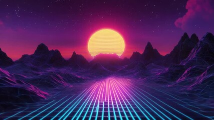 Retrowave digital landscape with neon grid road and sunset - Powered by Adobe