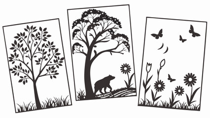 Nature Silhouette Illustrations Set for Craft Projects Wall Art Decor Graphic Design Peaceful Forest Trees Bear Flowers Butterflies