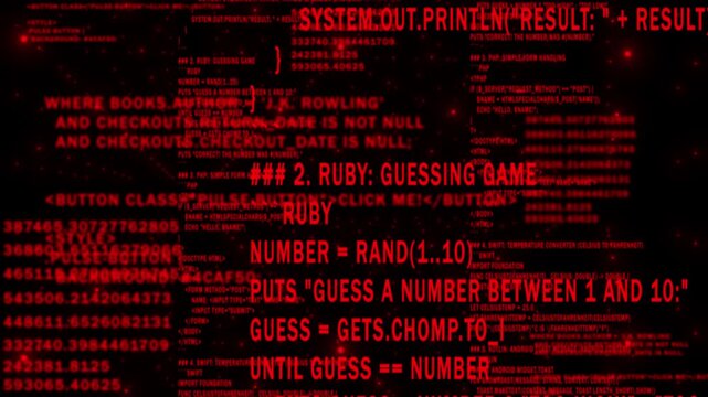 Red color network programming and data code scrolling, computing and digital interface structure digital background