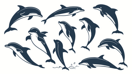 Playful Dolphins Jumping and Swimming Vector Set. Dynamic Marine Animals for Ocean Conservation, Travel, Education, and Aquatic Web Design.