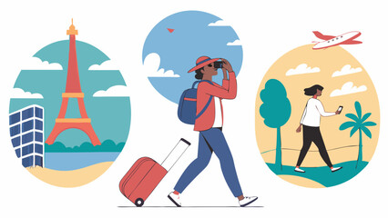 Happy Woman Traveler Planning Global Vacation Exploring World Landmarks and Tropical Beaches with Suitcase and Binoculars Modern Illustration