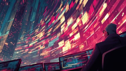 Dynamic data visualization futuristic control room digital art tech environment overhead view information flow concept
