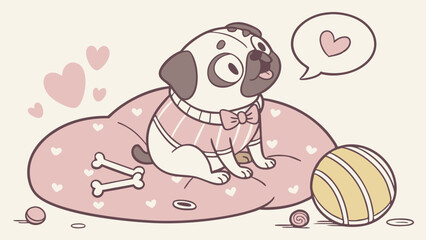 Cute Cartoon Pug Puppy Illustration with Heart for Valentine's Day and Pet Care Marketing Design