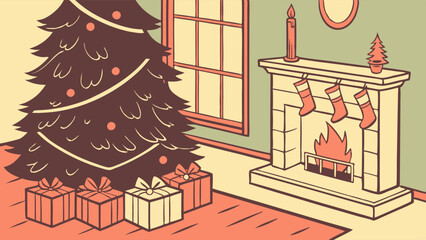 Cozy Christmas Living Room with Decorated Tree Fireplace Stockings and Presents Warm Festive Holiday Home Interior for Seasonal Celebrations