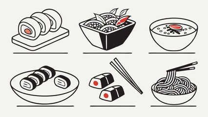 Modern Outline Asian Food Icons Set Sushi Ramen Noodles Miso Soup Poke Bowl for Restaurant Menu Web Design Food Delivery App and Culinary Marketing