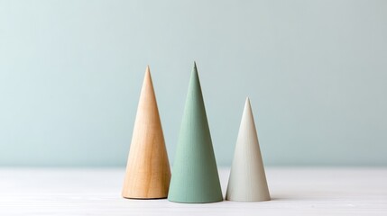 Eco-Friendly Christmas Decorations and Sustainable Holiday Concept, Three decorative cone shapes in pastel colors against a soft background.