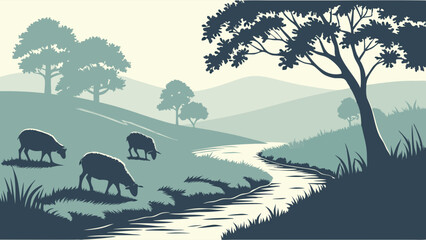 Minimalist Landscape Illustration with Sheep Grazing by Winding River and Green Hills Serene Nature Scene for Web Design and Wellness Content