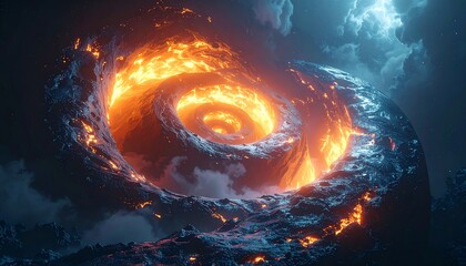 A mesmerizing digital rendering depicts a fiery, swirling vortex emerging from a dark, cloudy environment. The glowing core resembles a volcanic formation