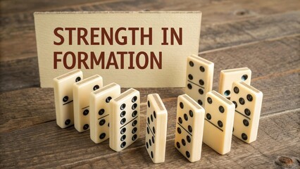 Dominoes in a Row with Strength in Formation Concept on Wood Table