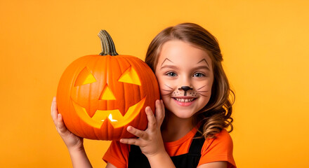 Happy young child girl with Halloween face paint and a carved pumpkin jack-o-lantern. Autumn holiday celebration and festive season tradition. Kid in studio on orange background
