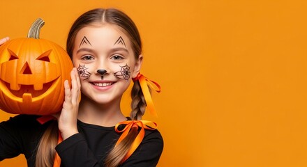Happy young child girl with Halloween face paint and a carved pumpkin jack-o-lantern. Autumn holiday celebration and festive season tradition. Kid in studio on orange background with copy space