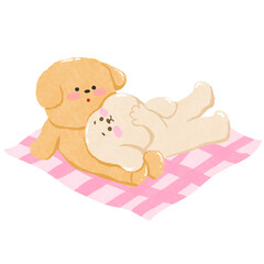 Cute dogs sleeping together on mat