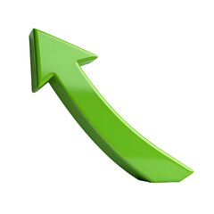 A shiny, green, curved arrow points upwards against a stark black background