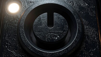 Futuristic dark metal power button or secure access panel with an engraved symbol, concept of activating advanced technology or a mysterious device