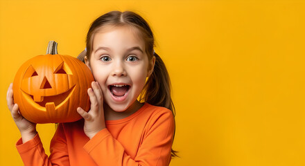 Happy young child girl with Halloween face paint and a carved pumpkin jack-o-lantern. Autumn holiday celebration and festive season tradition. Kid in studio on orange background with copy space