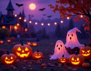 Halloween background with cartoon ghosts and pumpkins string lights bats flat lay design spooky orange and purple tones halloween costumes costume illustration holiday cartoon party zombie 