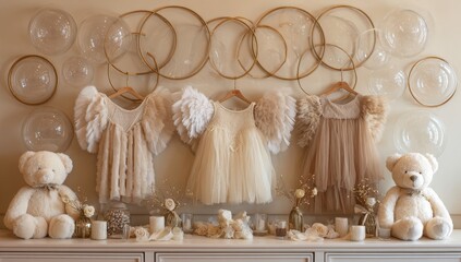 Ethereal Elegance: An enchanting display of delicately adorned children's dresses, elegantly arranged with teddy bears and elegant decor, casting a spell of timeless grace.