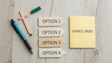 Decision Making Tools with Wooden Signs and Pen on Table