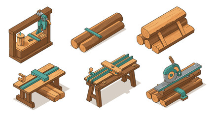 Fototapeta premium Isometric carpentry tools and workbenches with wooden planks in workshop setting