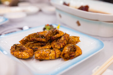Traditional Hong Kong soy sauce prawns dish