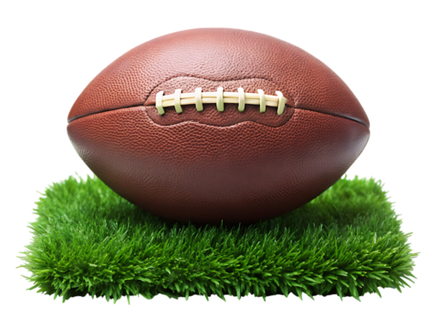 American football, brown leather with laces and stitching resting on vibrant green artificial grass, cutout, PNG isolated on white or transparent background